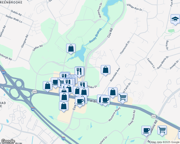 map of restaurants, bars, coffee shops, grocery stores, and more near 4121 Cox Road in Glen Allen