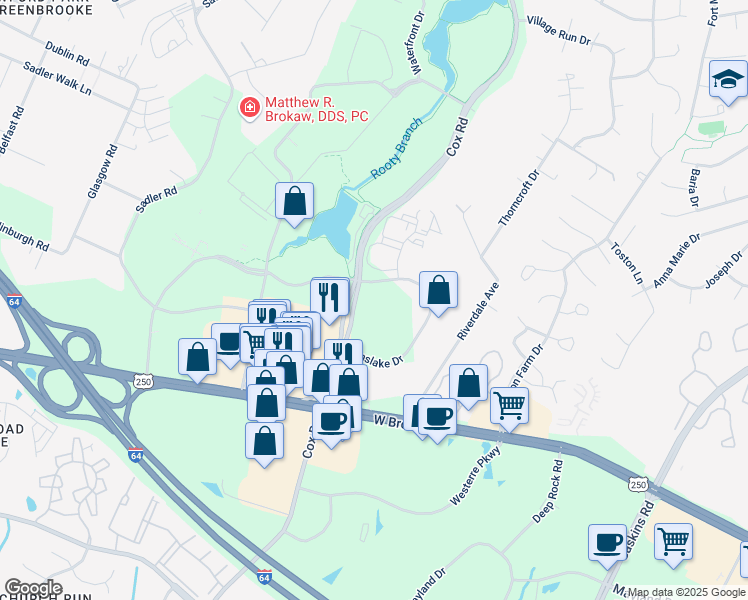 map of restaurants, bars, coffee shops, grocery stores, and more near 4121 Cox Road in Glen Allen