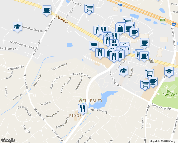 map of restaurants, bars, coffee shops, grocery stores, and more near 3809 Foxfield Court in Henrico