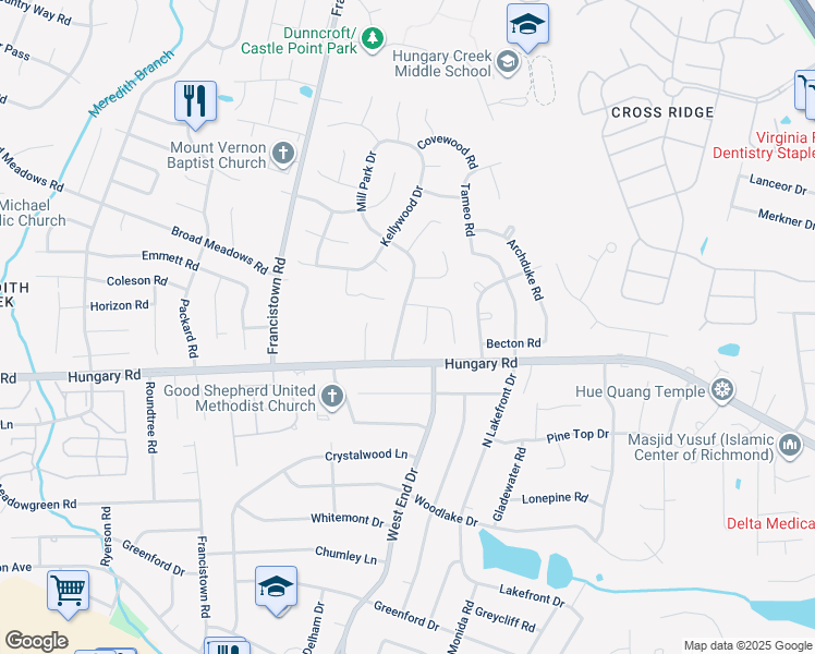 map of restaurants, bars, coffee shops, grocery stores, and more near 4609 Mill Park Drive in Glen Allen
