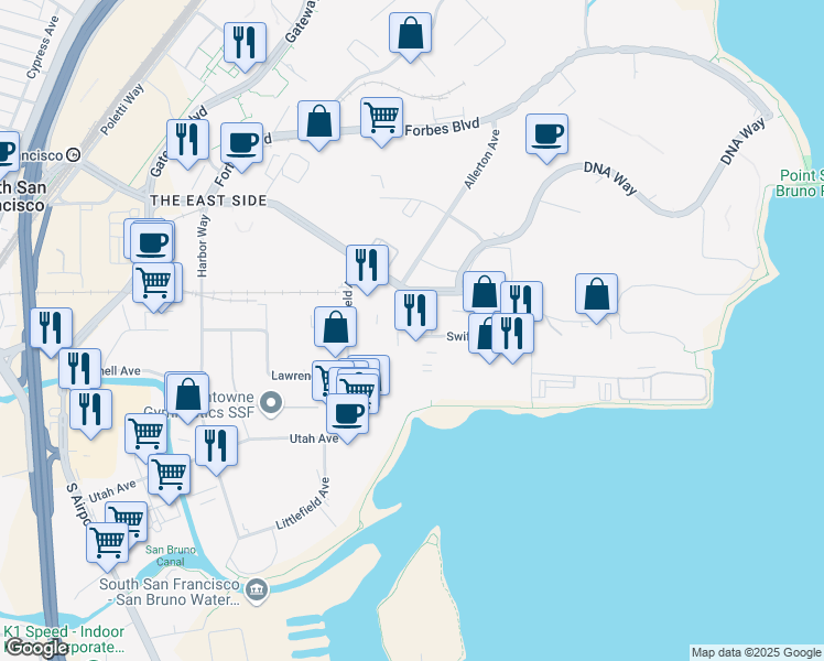 map of restaurants, bars, coffee shops, grocery stores, and more near 180 Kimball Way in South San Francisco