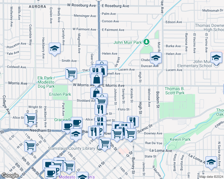 map of restaurants, bars, coffee shops, grocery stores, and more near 350 Johnson Street in Modesto
