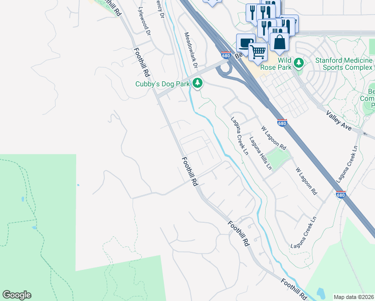 map of restaurants, bars, coffee shops, grocery stores, and more near 2389 Foothill Road in Pleasanton
