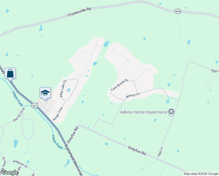 map of restaurants, bars, coffee shops, grocery stores, and more near 1317 Twin Brook Drive in Berea