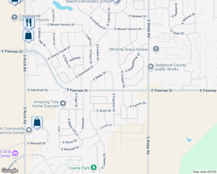 map of restaurants, bars, coffee shops, grocery stores, and more near 2409 South Cypress Street in Wichita