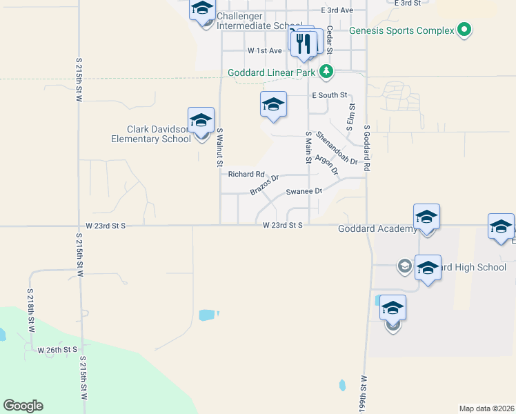 map of restaurants, bars, coffee shops, grocery stores, and more near 225 Swanee Dr in Goddard