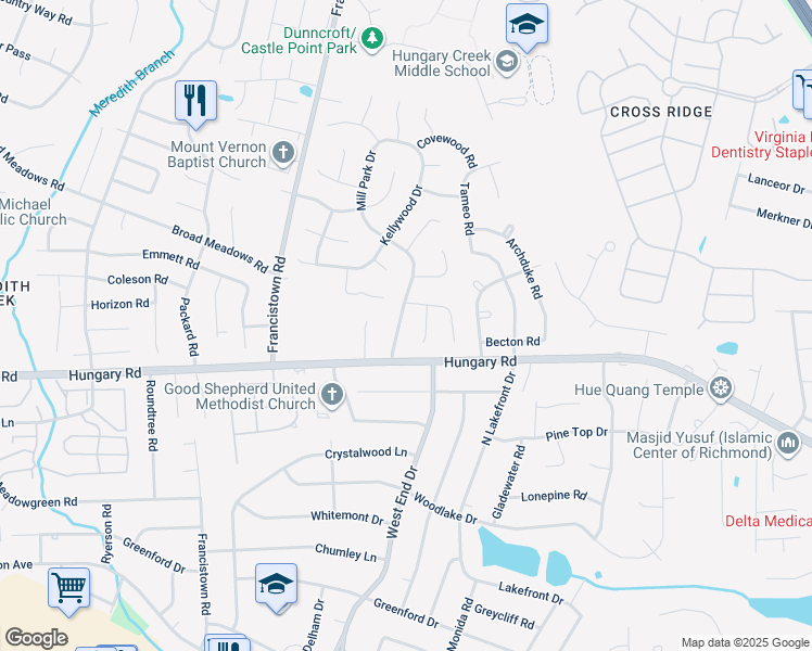 map of restaurants, bars, coffee shops, grocery stores, and more near 4609 Mill Park Drive in Glen Allen