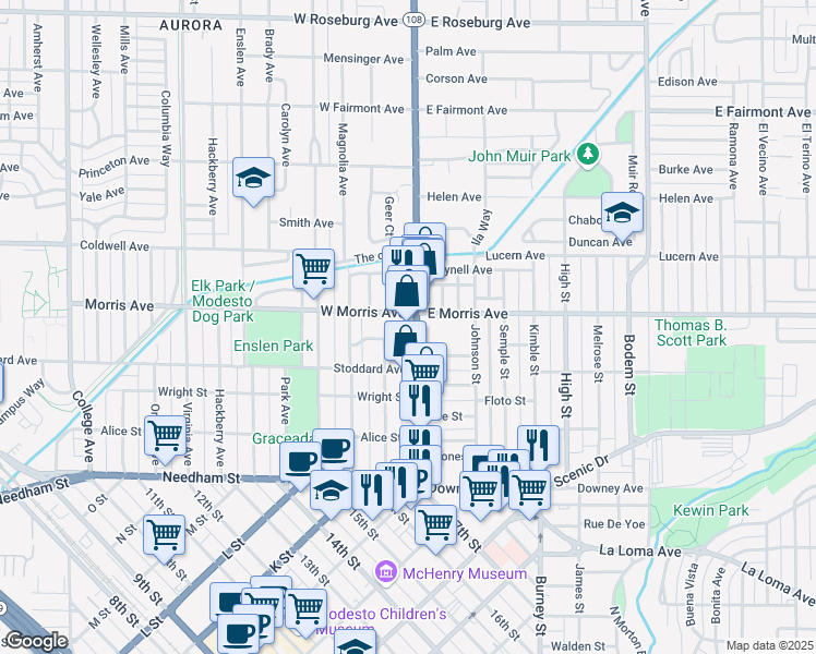 map of restaurants, bars, coffee shops, grocery stores, and more near 118 Elmwood Court in Modesto