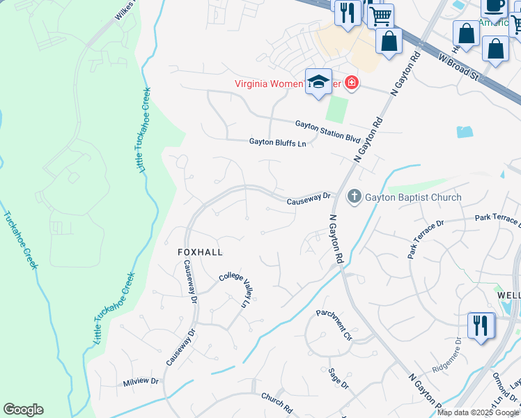 map of restaurants, bars, coffee shops, grocery stores, and more near 3824 Cotley Court in Richmond
