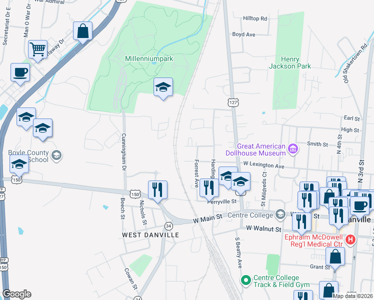 map of restaurants, bars, coffee shops, grocery stores, and more near 1115 West Lexington Avenue in Danville
