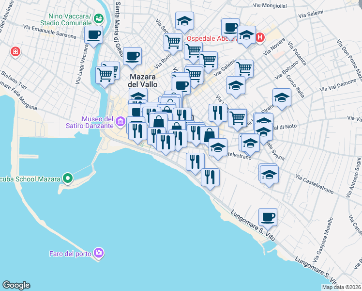 map of restaurants, bars, coffee shops, grocery stores, and more near 9 Via Francesco Bilò in Mazara del Vallo