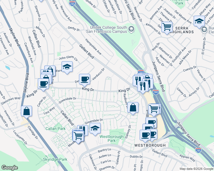map of restaurants, bars, coffee shops, grocery stores, and more near 98 Camelot Court in Daly City