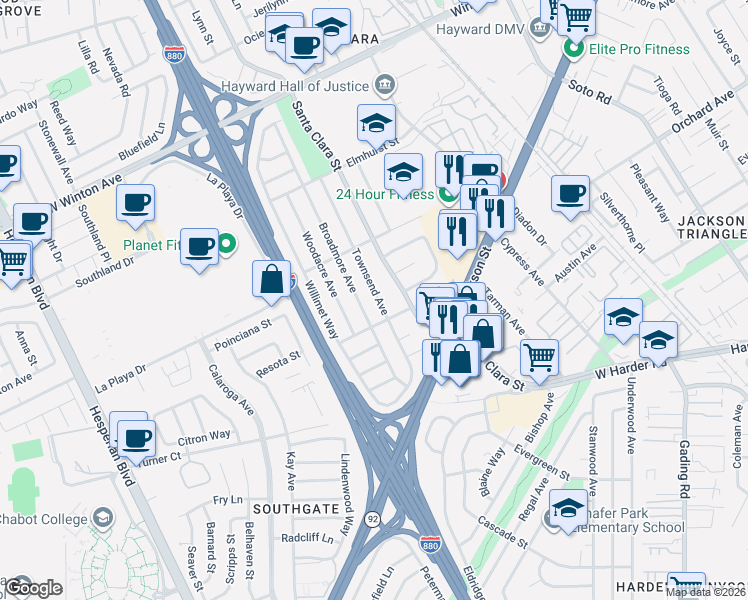 map of restaurants, bars, coffee shops, grocery stores, and more near 24847 Townsend Avenue in Hayward