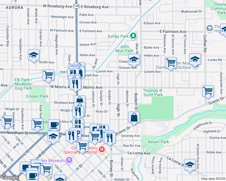 map of restaurants, bars, coffee shops, grocery stores, and more near 401 High Street in Modesto