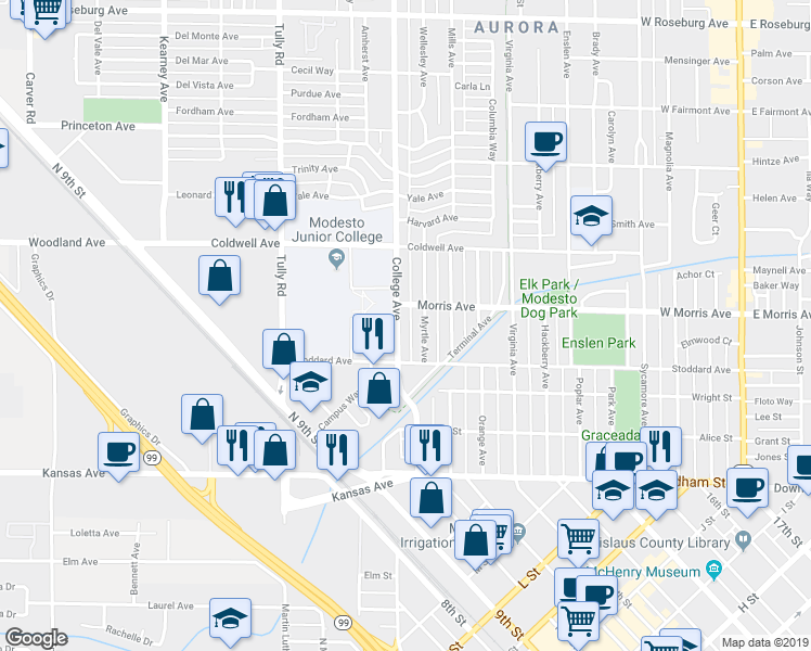 map of restaurants, bars, coffee shops, grocery stores, and more near 415 Myrtle Avenue in Modesto