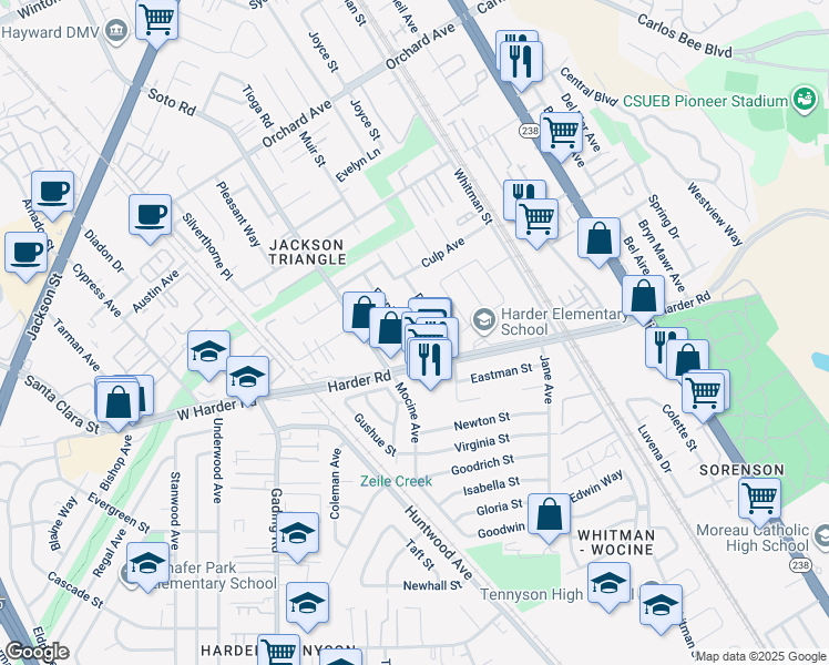 map of restaurants, bars, coffee shops, grocery stores, and more near 25797 Franklin Avenue in Hayward