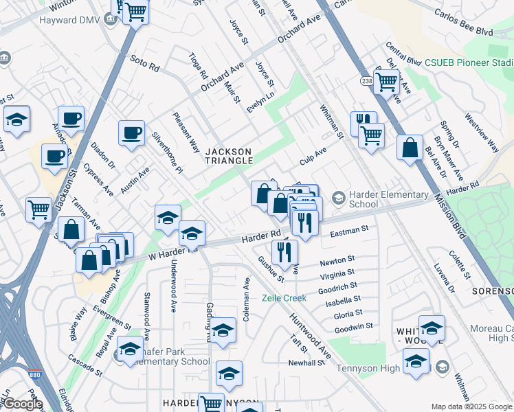 map of restaurants, bars, coffee shops, grocery stores, and more near 163 Lund Avenue in Hayward