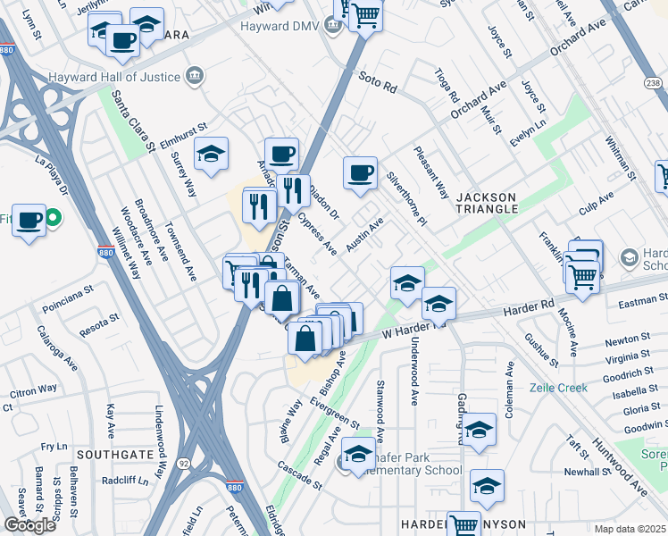 map of restaurants, bars, coffee shops, grocery stores, and more near 25268 Tarman Avenue in Hayward