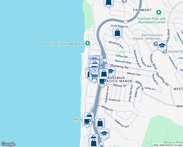 map of restaurants, bars, coffee shops, grocery stores, and more near 5 West Manor Drive in Pacifica