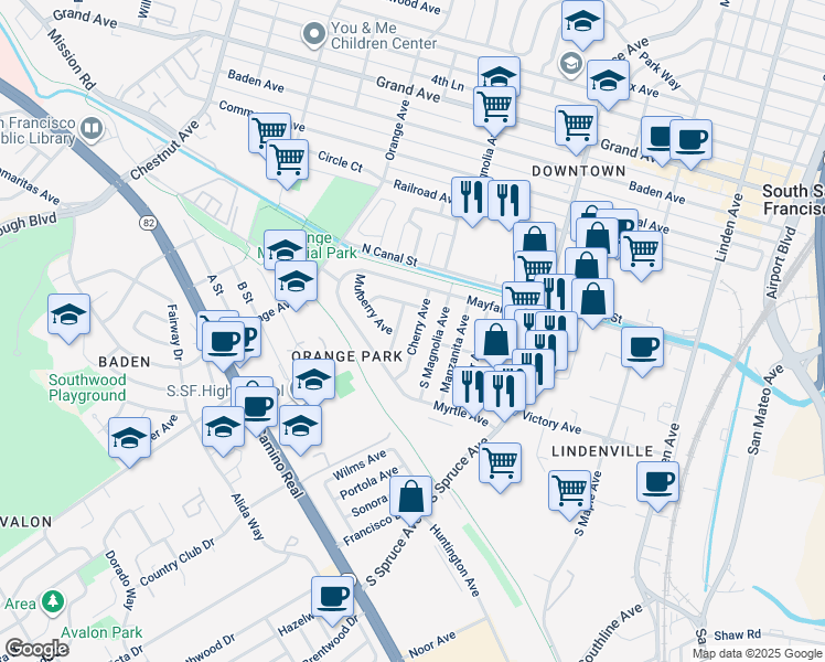 map of restaurants, bars, coffee shops, grocery stores, and more near 127 Cherry Avenue in South San Francisco