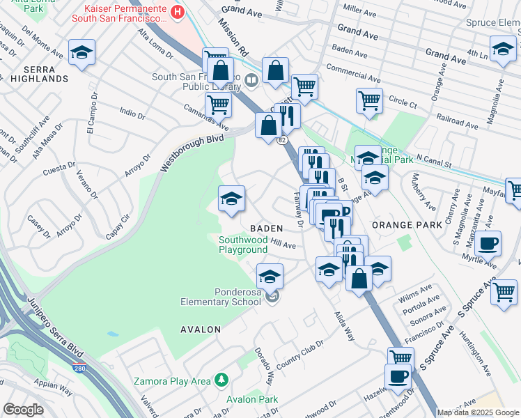 map of restaurants, bars, coffee shops, grocery stores, and more near 735 West Orange Avenue in South San Francisco