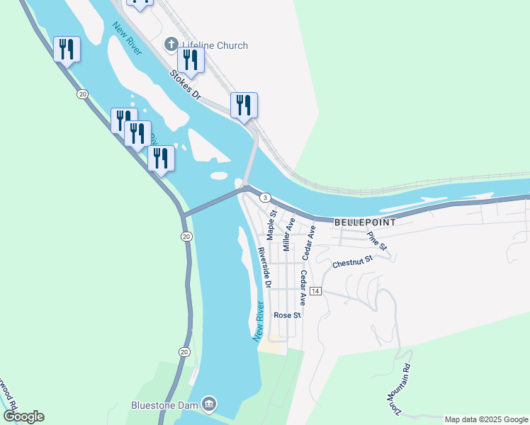 map of restaurants, bars, coffee shops, grocery stores, and more near Central Ave in Hinton