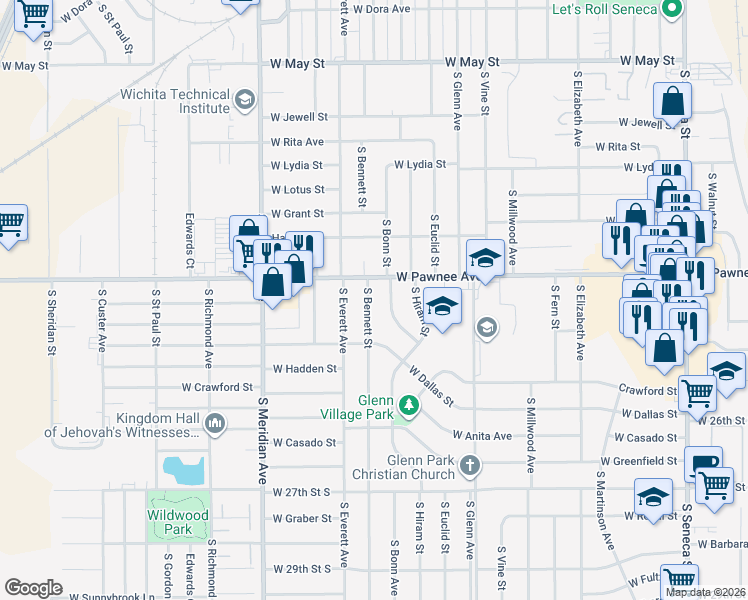 map of restaurants, bars, coffee shops, grocery stores, and more near 2401-2499 Bennett St in Wichita