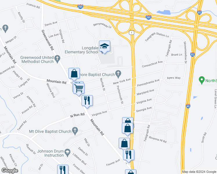 map of restaurants, bars, coffee shops, grocery stores, and more near 1315 New York Avenue in Glen Allen