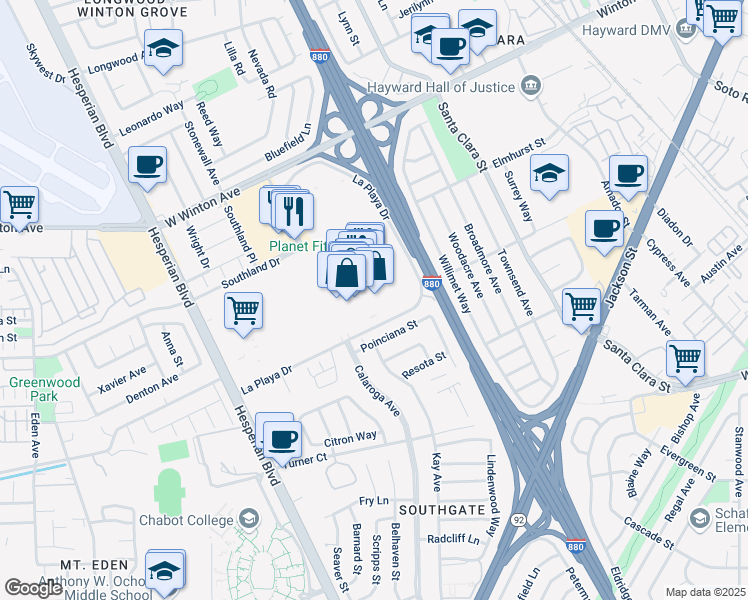 map of restaurants, bars, coffee shops, grocery stores, and more near Southland Mall in Hayward