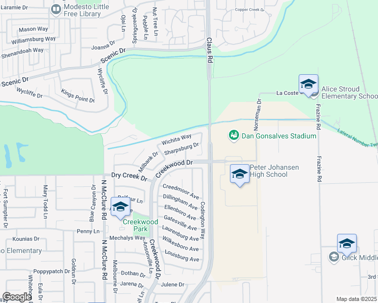 map of restaurants, bars, coffee shops, grocery stores, and more near 812 Leavenworth Way in Modesto