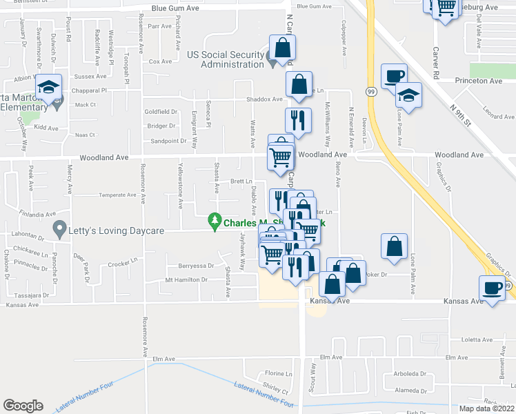 map of restaurants, bars, coffee shops, grocery stores, and more near 1124 Diablo Avenue in Modesto