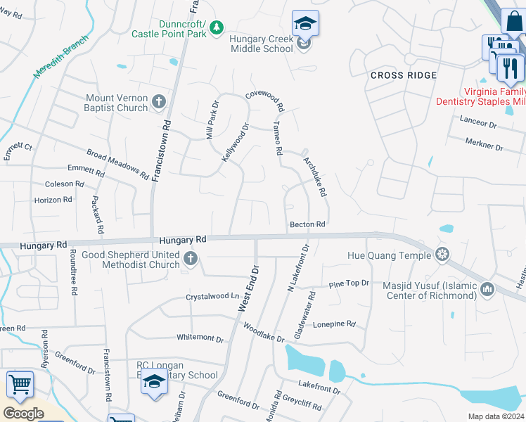 map of restaurants, bars, coffee shops, grocery stores, and more near 4610 Stonebrook Court in Glen Allen