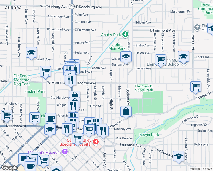 map of restaurants, bars, coffee shops, grocery stores, and more near 401 High Street in Modesto