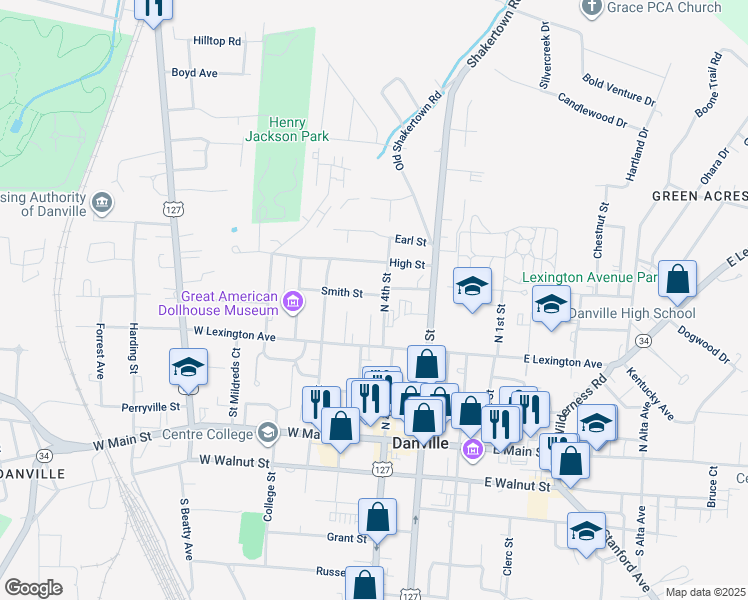 map of restaurants, bars, coffee shops, grocery stores, and more near 317 North 4th Street in Danville