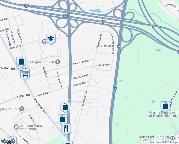 map of restaurants, bars, coffee shops, grocery stores, and more near 1107 Maryland Avenue in Glen Allen