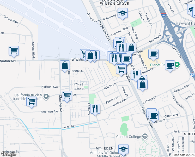 map of restaurants, bars, coffee shops, grocery stores, and more near 1200 West Winton Avenue in Hayward