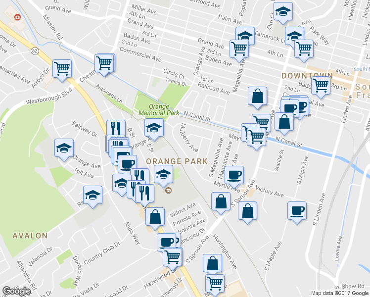 map of restaurants, bars, coffee shops, grocery stores, and more near 640 Myrtle Avenue in South San Francisco