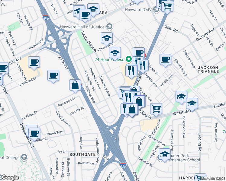 map of restaurants, bars, coffee shops, grocery stores, and more near 24825 Santa Clara Street in Hayward