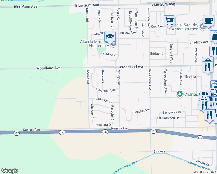 map of restaurants, bars, coffee shops, grocery stores, and more near 2708 Dania Court in Modesto