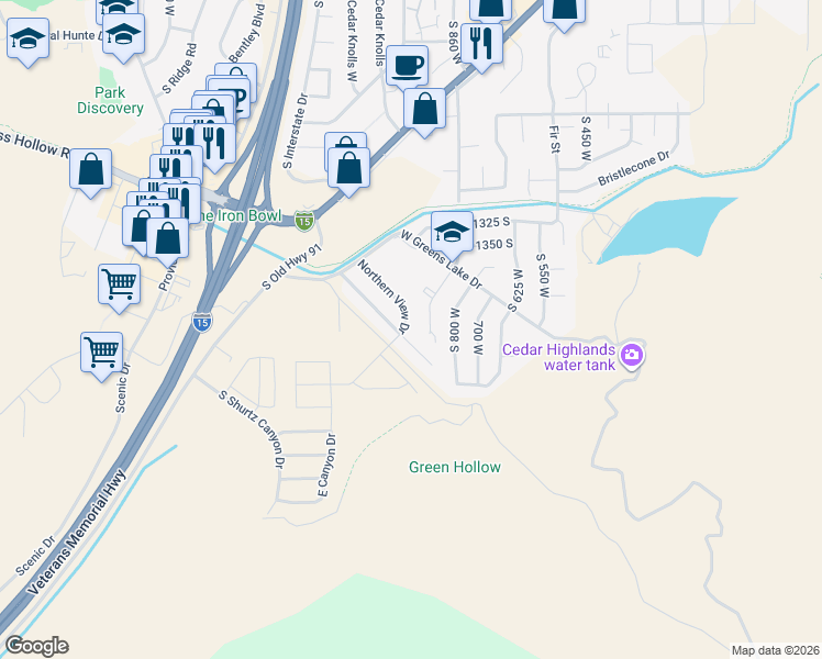 map of restaurants, bars, coffee shops, grocery stores, and more near 1514 Southern View Drive in Cedar City