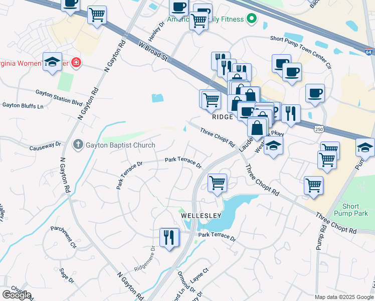 map of restaurants, bars, coffee shops, grocery stores, and more near 12071 Foxfield Circle in Richmond
