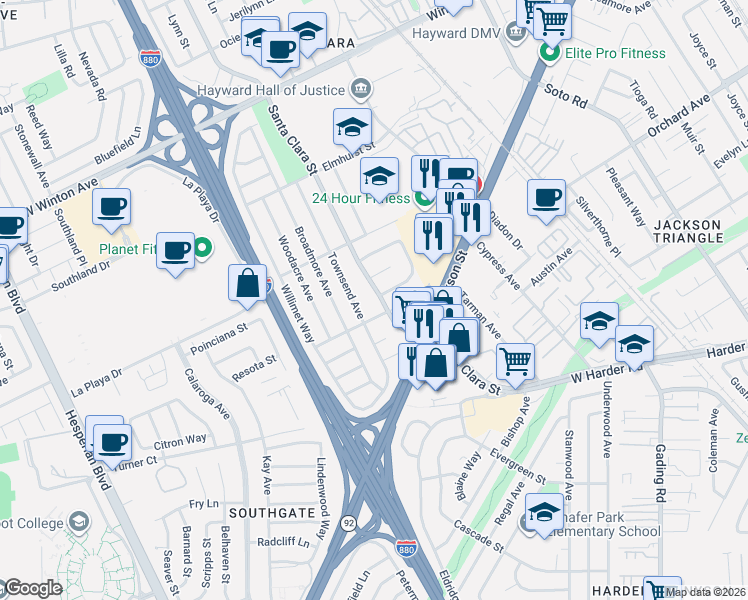 map of restaurants, bars, coffee shops, grocery stores, and more near 24825 Santa Clara Street in Hayward