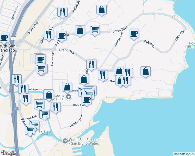 map of restaurants, bars, coffee shops, grocery stores, and more near 180 Kimball Way in South San Francisco
