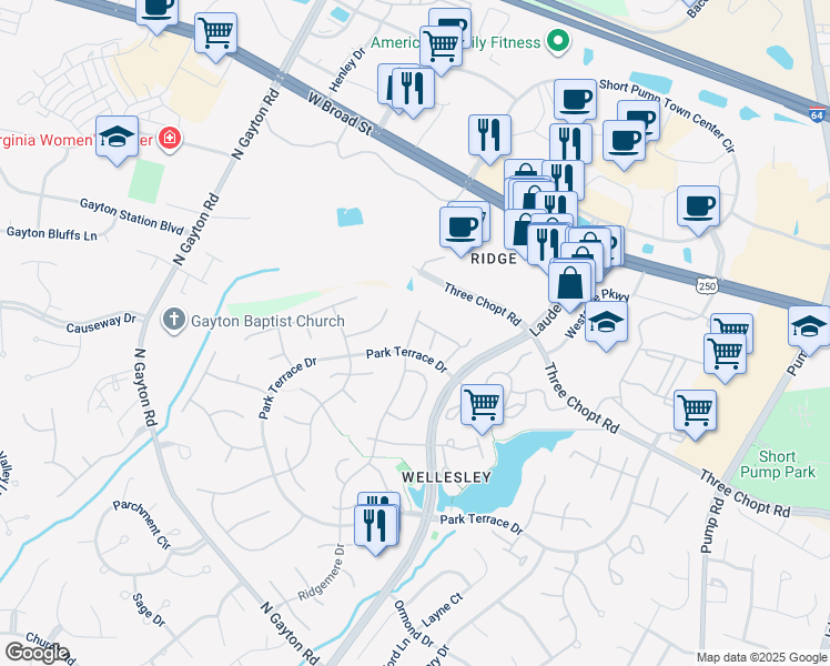 map of restaurants, bars, coffee shops, grocery stores, and more near 12071 Foxfield Circle in Richmond