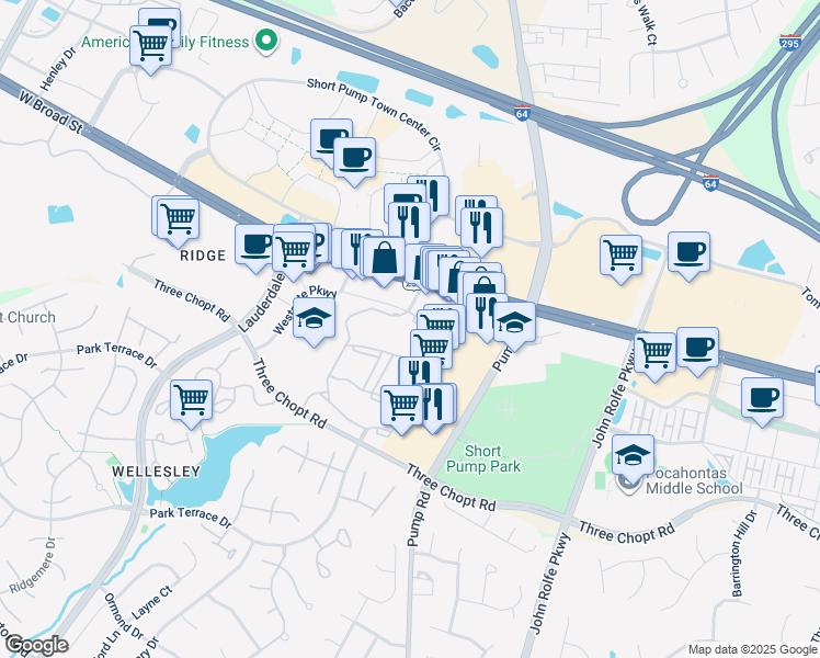 map of restaurants, bars, coffee shops, grocery stores, and more near 4000 Spring Oak Drive in Richmond