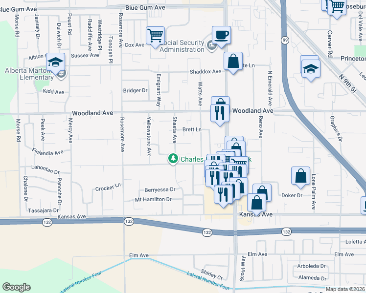 map of restaurants, bars, coffee shops, grocery stores, and more near 1720 Shasta Court in Modesto