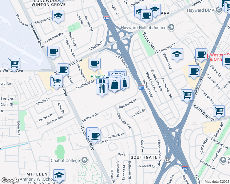 map of restaurants, bars, coffee shops, grocery stores, and more near 368 Southland Mall in Hayward