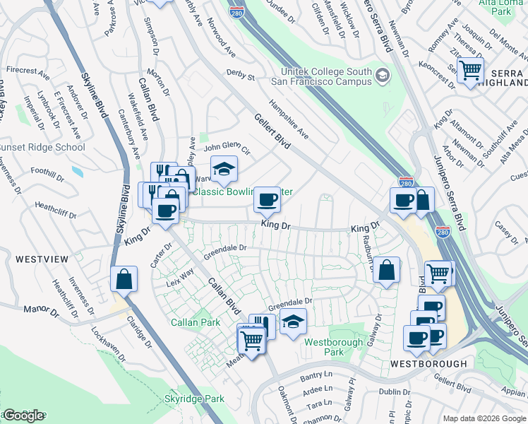 map of restaurants, bars, coffee shops, grocery stores, and more near 3973 Stein Court in South San Francisco