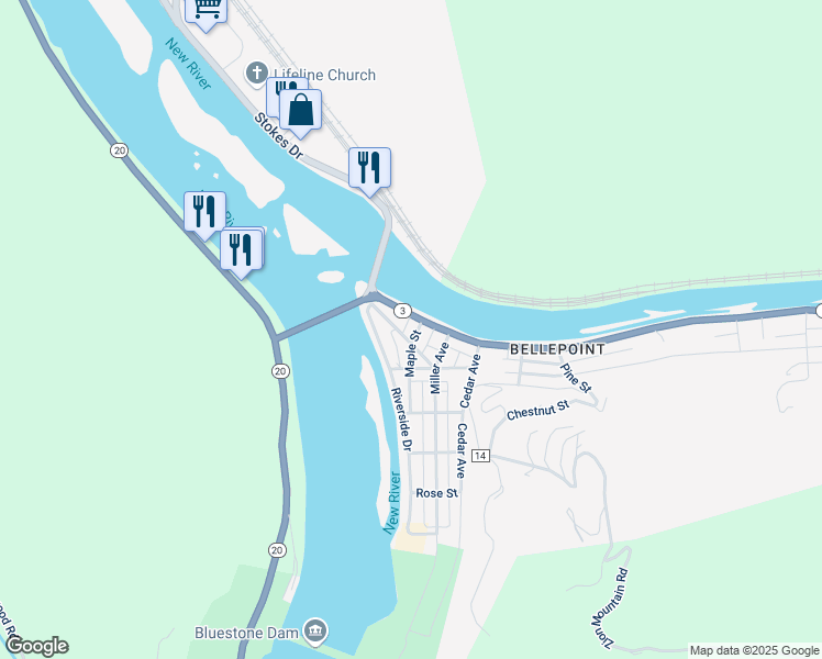 map of restaurants, bars, coffee shops, grocery stores, and more near 181-199 Greenbrier Drive in Hinton