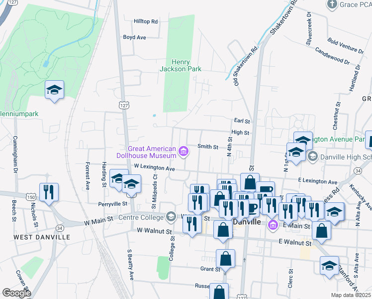 map of restaurants, bars, coffee shops, grocery stores, and more near North 6th Street in Danville